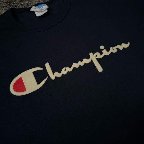 Vintage Champion Suede Logo Navy Blue T Shirt - Picture 2 of 7